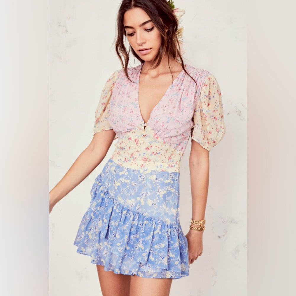 LoveShackFancy Bea Silk Ruffle Floral Mini Dress - Size 2 - EUC